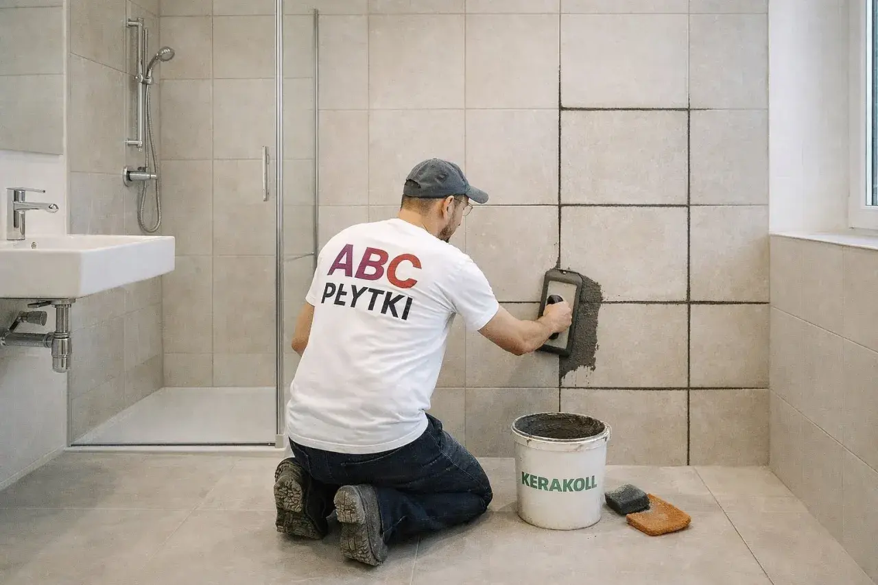 Fachowiec w białej koszulce z napisem "ABC PŁYTKI" wykonuje fugowanie płytek w łazience.