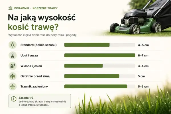 Poradnik koszenia trawy: jak dobrać wysokość cięcia do pogody i pory roku. Zielona kosiarka na tle trawnika.